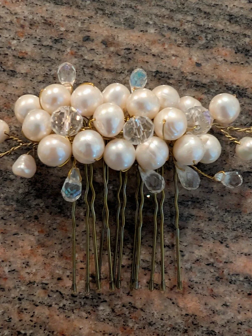Pearl and Crystal Bridal Hair Comb - Gold Tone
